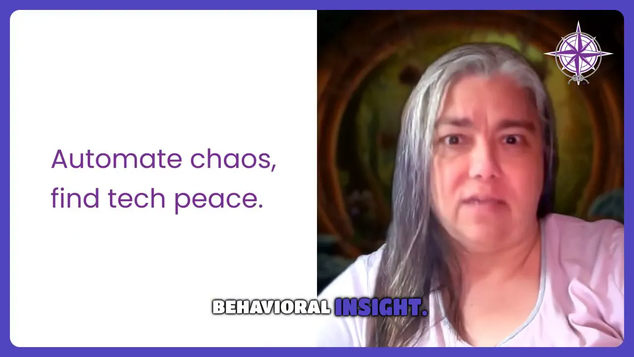 Split-screen slide 'Automate chaos, find tech peace' with presenter on right