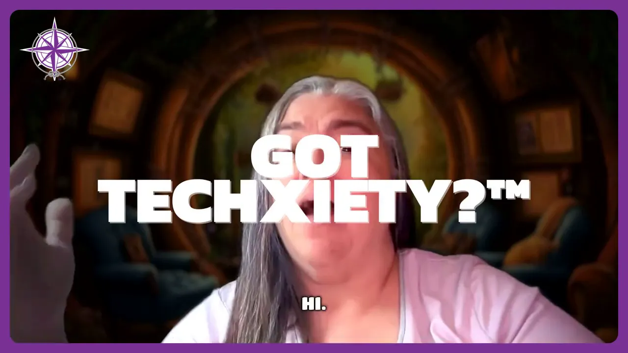 Video still with large GOT TECHXIETY? title overlay and the presenter blurred behind the text