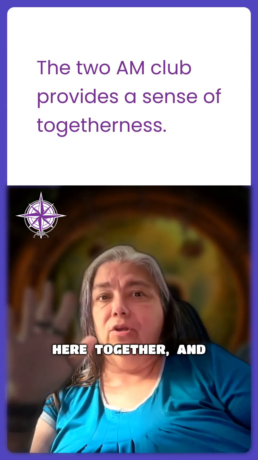 Slide reading 'The two AM club provides a sense of togetherness' above a speaker waving with on-screen subtitle 'Here together'