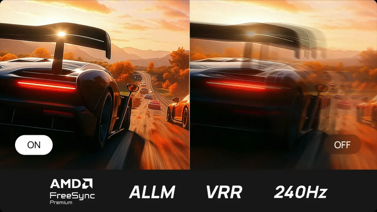 Vergleichsgrafik mit scharfem und unscharfem Rennspielbild sowie ALLM VRR und 240Hz