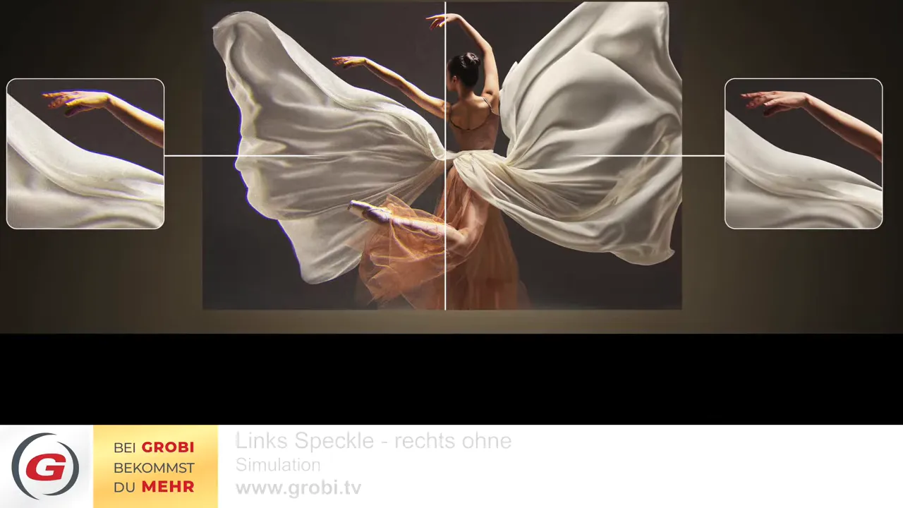 Vergleichsgrafik mit einer Tänzerin und dem Hinweis links Speckle rechts ohne Simulation