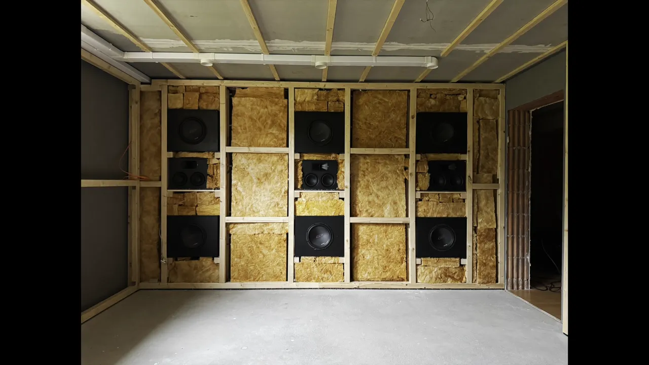 Frontwand während des Ausbaus mit sechs Basschassis, drei Frontlautsprechern und Dämmmaterial im Holzständerwerk