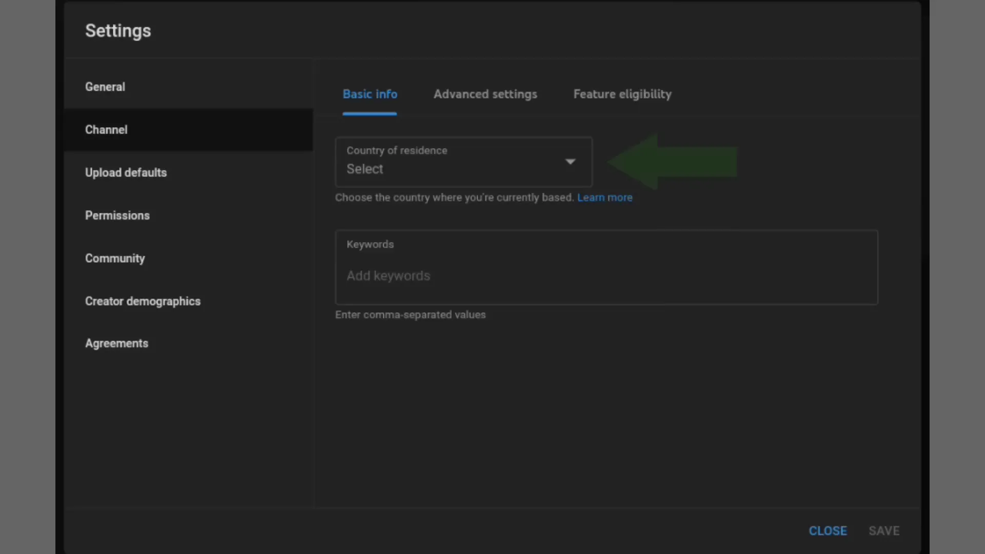 Selecting country of residence in YouTube settings