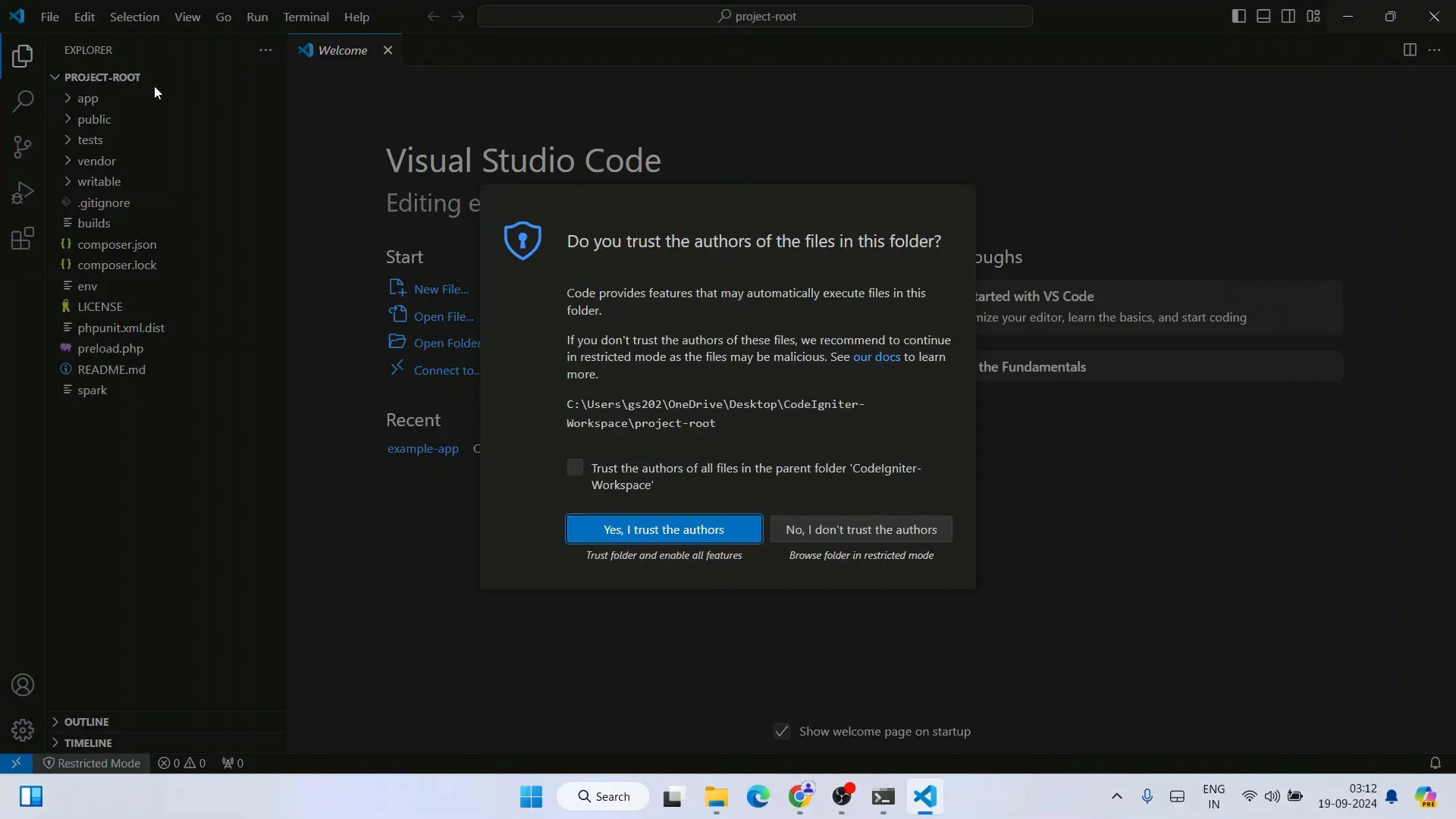 Install CodeIgniter on Windows: A Step-by-Step Guide 6 Opening CodeIgniter project in VS Code