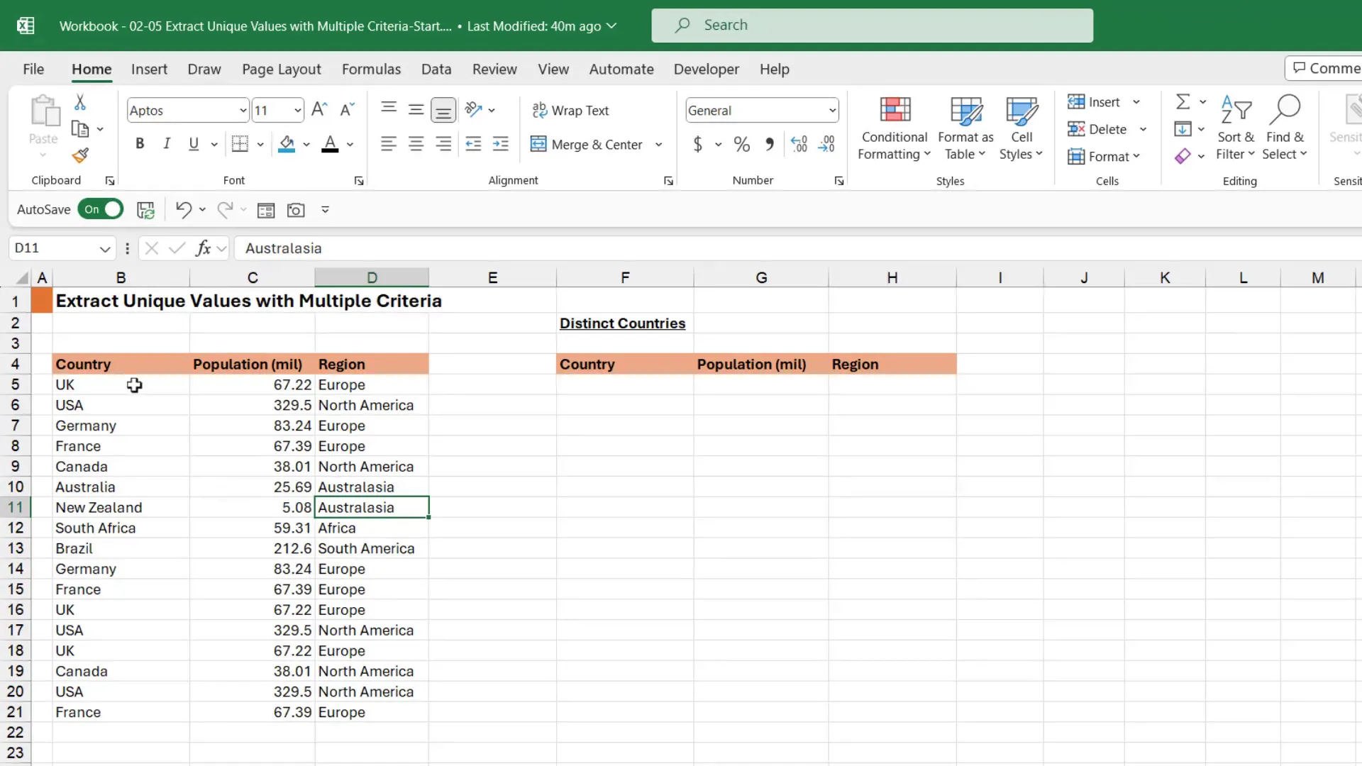 Extract Multiple Unique Columns in Excel 2 Excel table setup with Country, Population, and Region columns