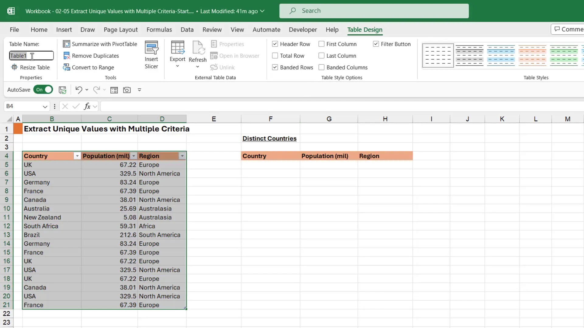 Extract Multiple Unique Columns in Excel 3 Creating a table in Excel
