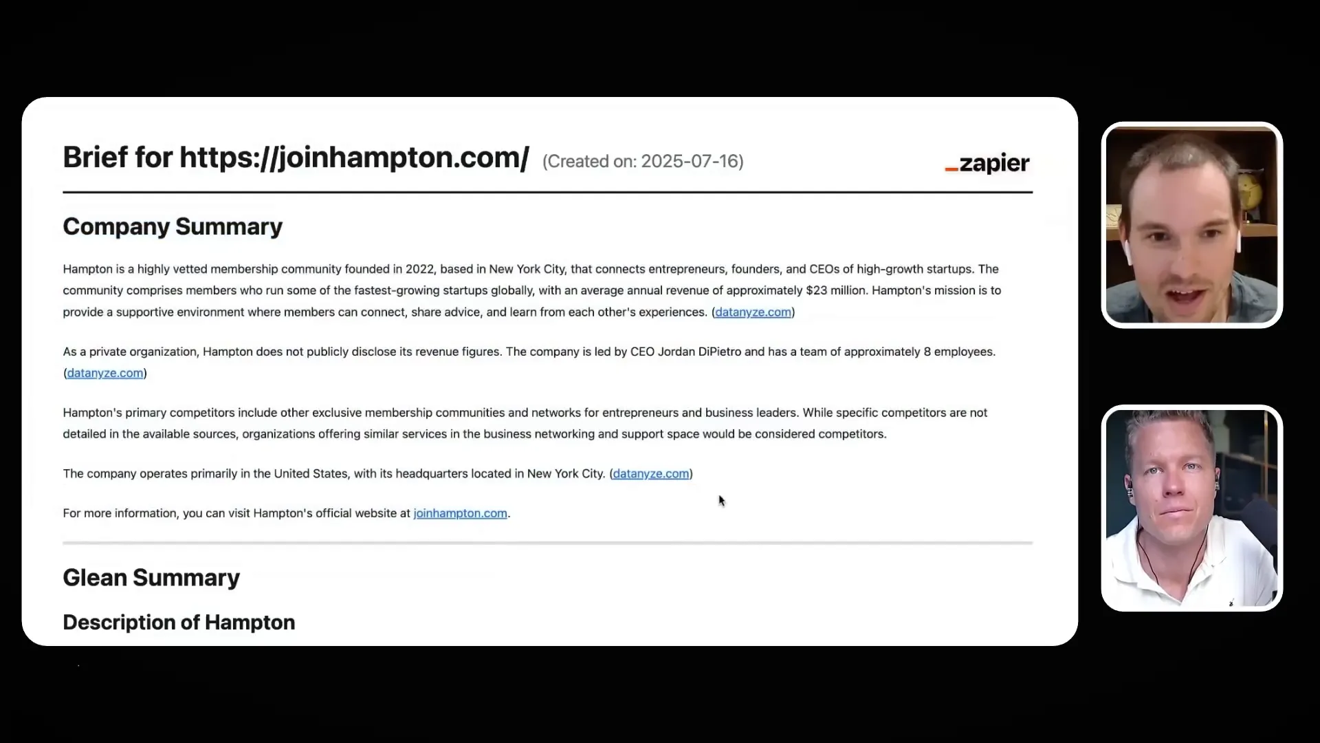 Company brief report generated by AI for client meetings