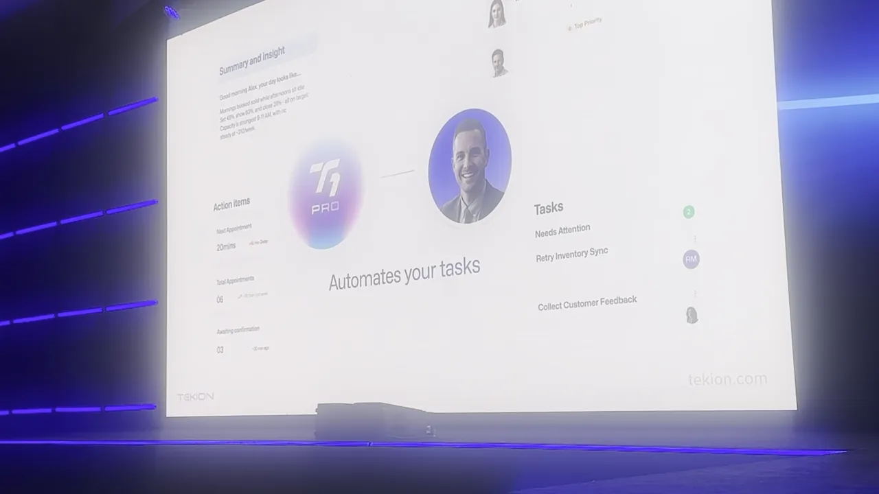 Dashboard screen with circular profile graphics, charts, and a search or command field on a white interface