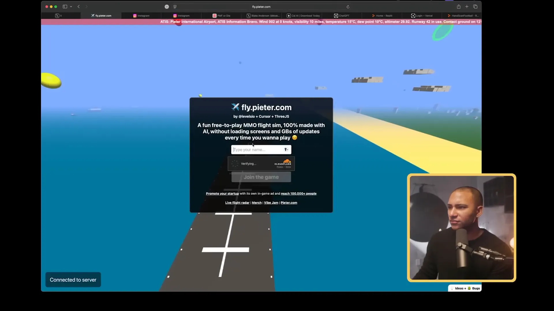 Screenshot of Peter Levels' AI-built flight simulator game