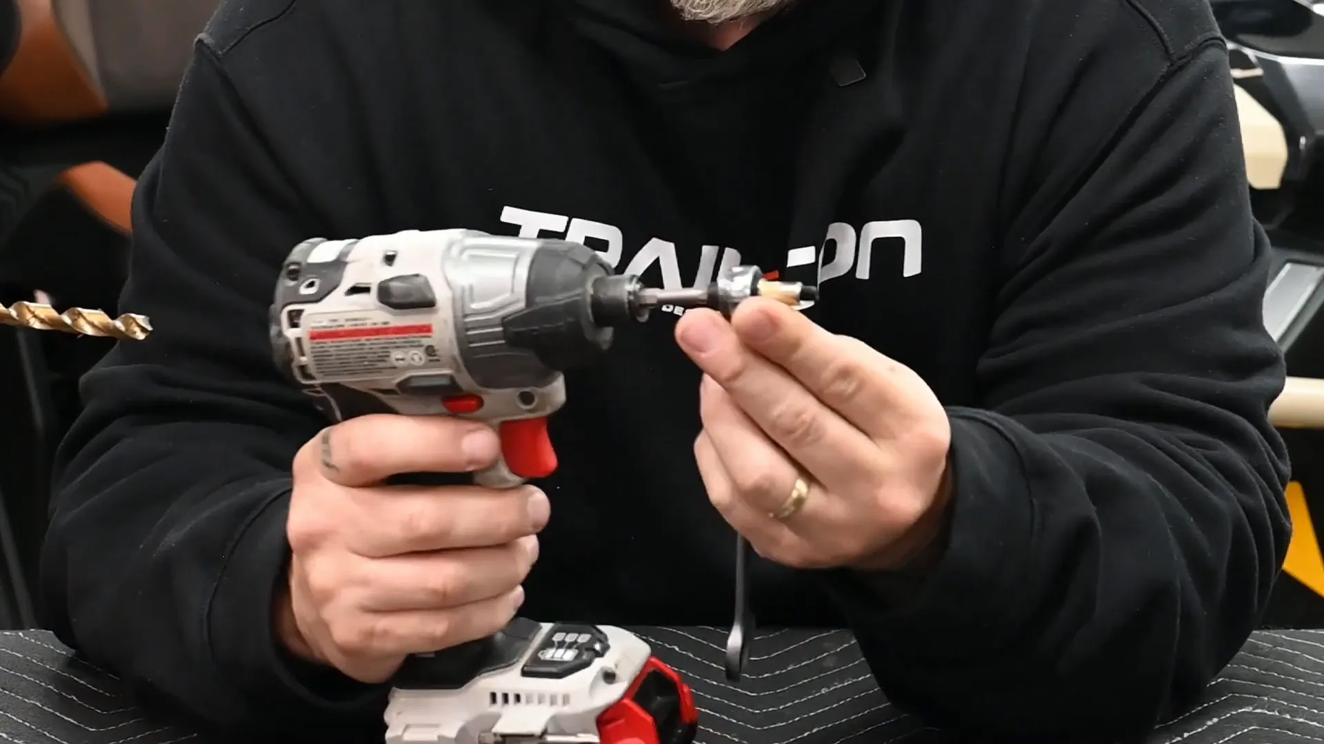 Rivet nut installation assembly with drill and wrench