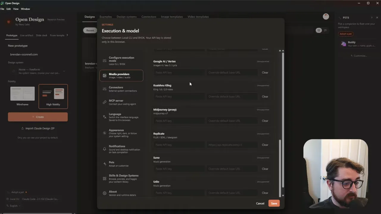 Open Design execution and model settings showing media providers