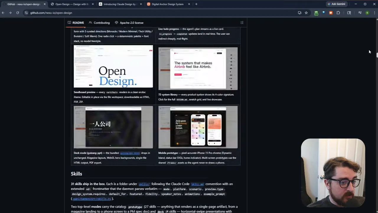 Open Design GitHub README showing preview screenshots and skills