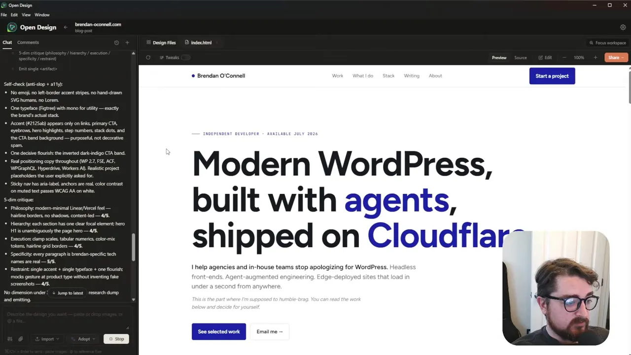 Open Design preview of a one-page modern WordPress landing concept with agents