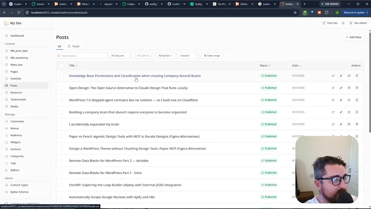 M Dash post editor with a content area and settings in a right sidebar