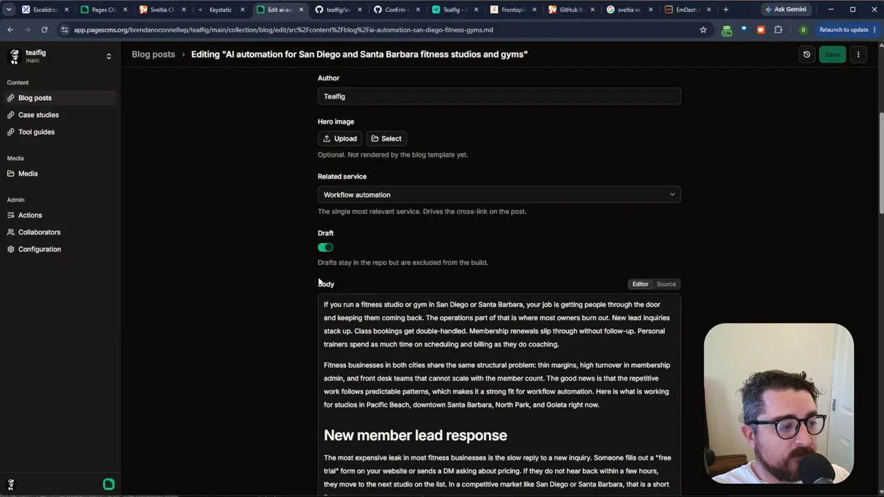 Pages CMS post editor showing structured fields and a rich text area