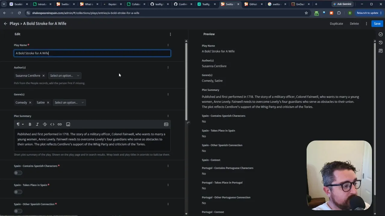Sveltia CMS editor with content fields on the left and a live preview on the right