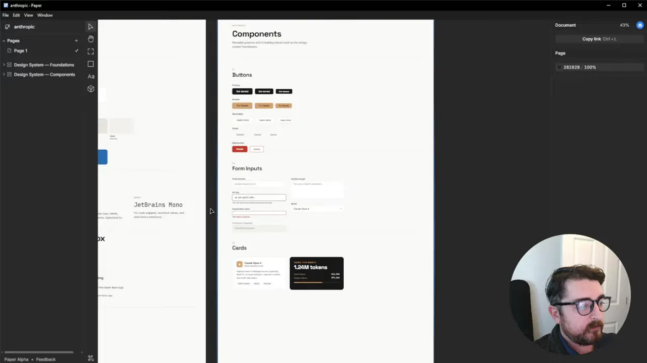 Paper components page with Buttons, Form Inputs and Cards sections clearly visible and presenter thumbnail