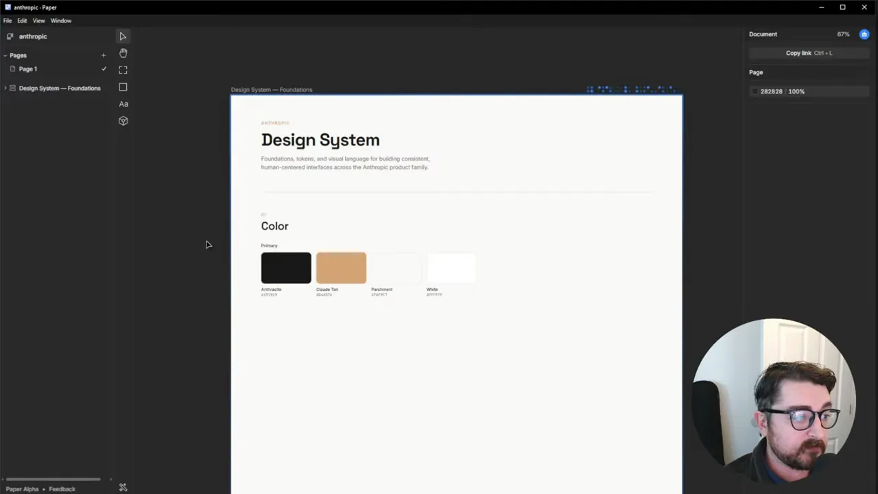 Paper app screenshot of a 'Design System — Foundations' page with clear 'Design System' heading and visible primary color swatches, with presenter webcam overlay.