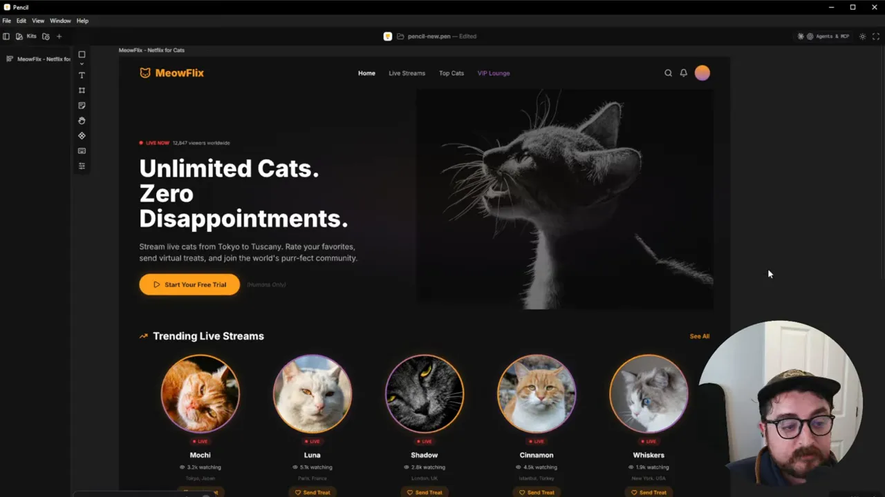 Clear screenshot of the MeowFlix landing page in Pencil showing the dark hero with headline 'Unlimited Cats. Zero Disappointments.' and a row of circular live-stream thumbnails, with a small facecam overlay.