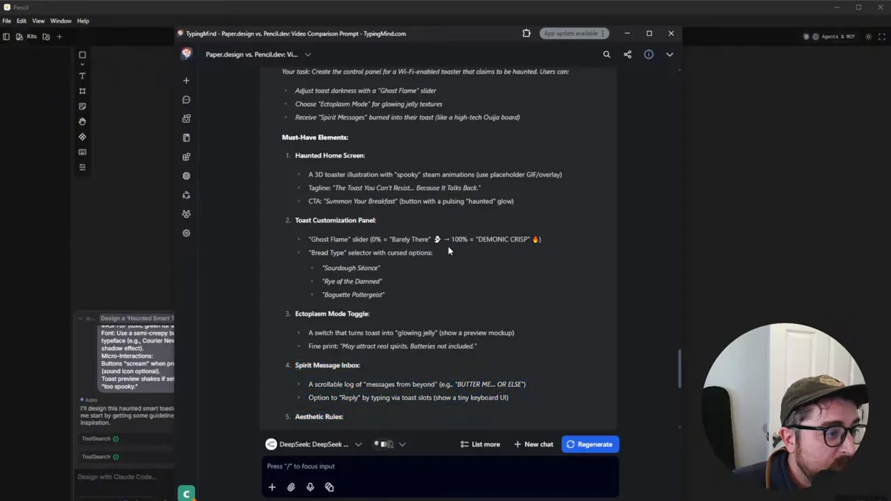 Pencil editor showing the full 'Design a \'Haunted Smart Toaster\' App Interface' brief in a central document/chat pane, with the presenter's circular facecam overlay at the right.