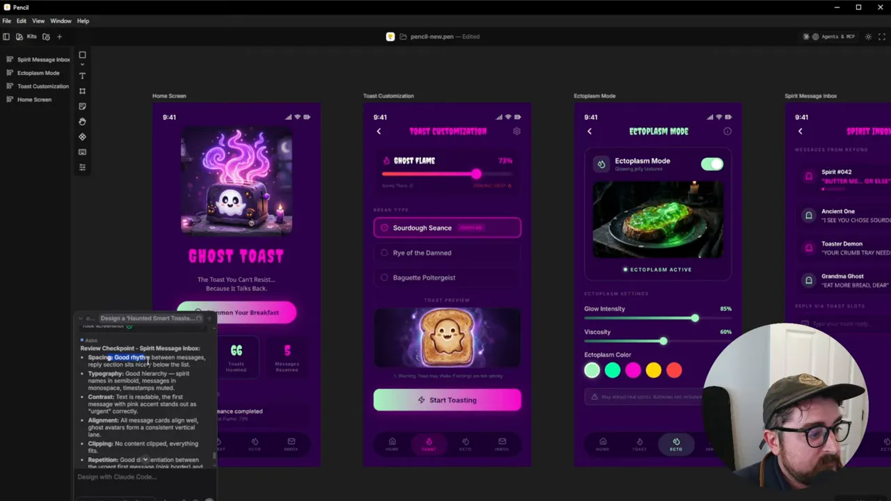 High-clarity view of three generated mobile screens in Pencil (Ghost Toast home, toast customization, ectoplasm mode) with a small notes panel bottom-left and a presenter thumbnail bottom-right.