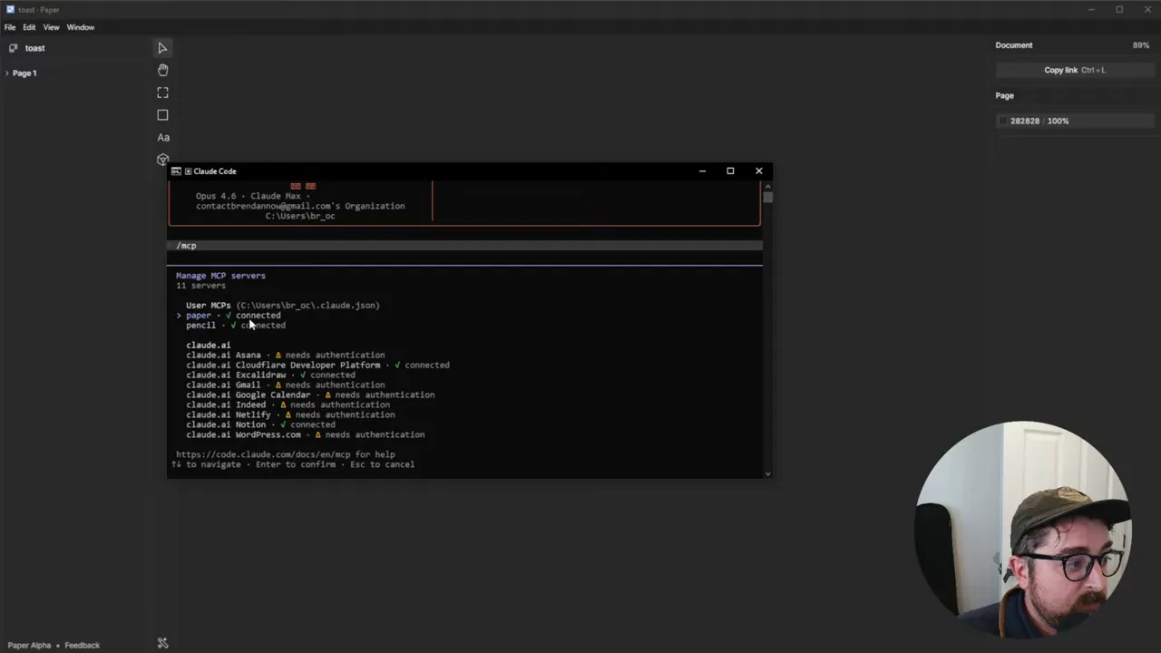 Claude Code MCP manager listing 'paper' and 'pencil' as connected