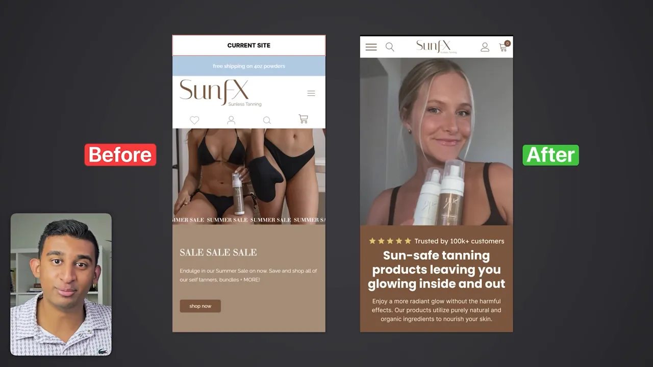 So sánh hai phiên bản landing page sản phẩm chăm sóc da với hình ảnh khác nhau