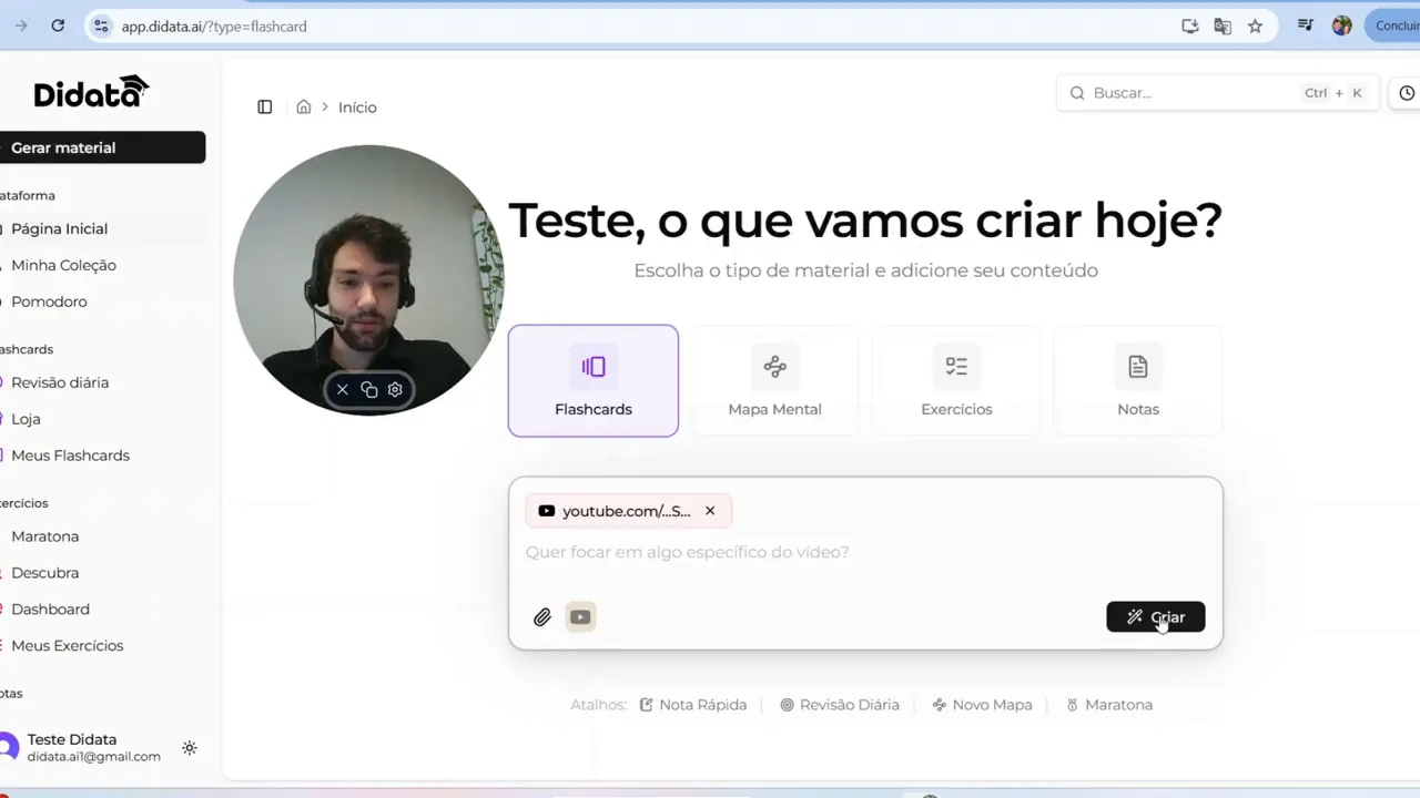 Interface do Didata com campo contendo link do YouTube e botão 'Criar' visível