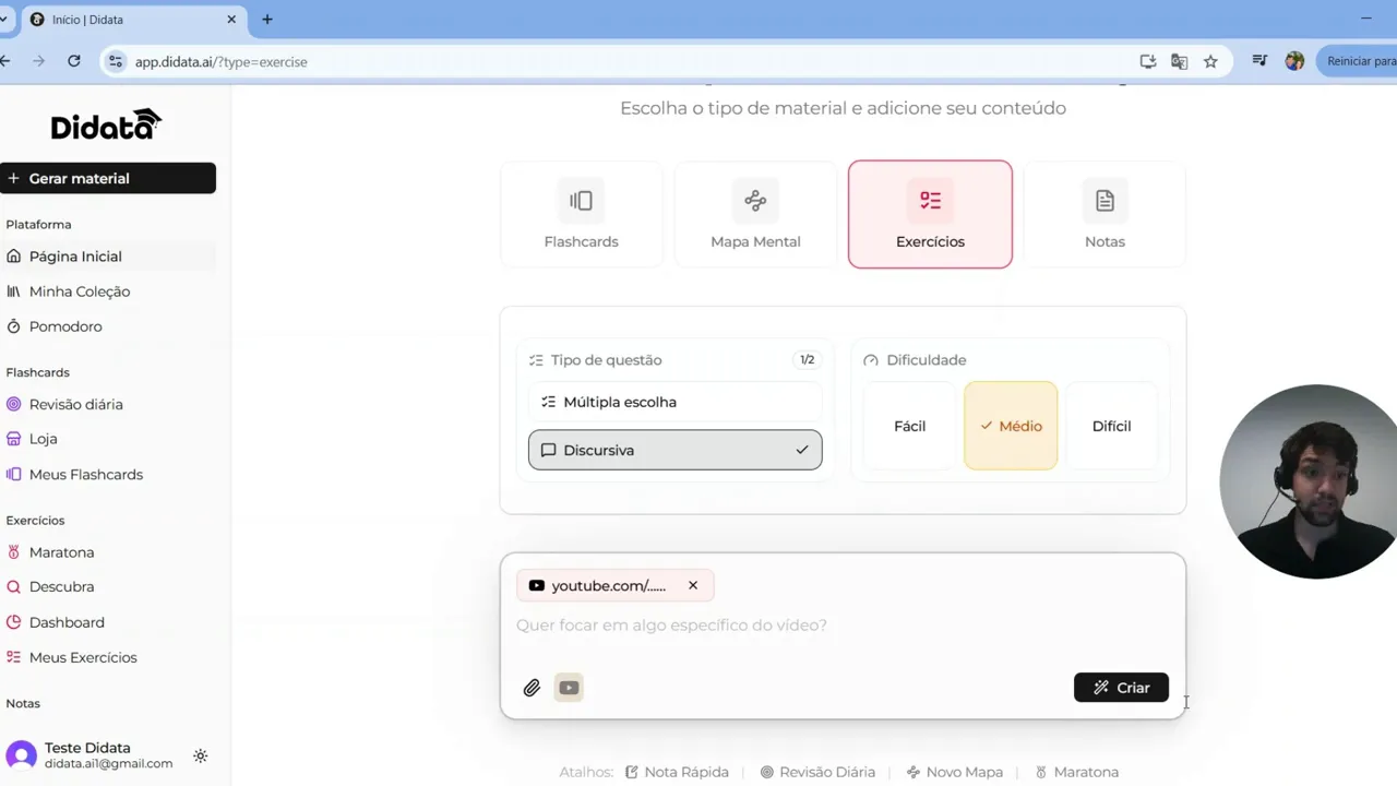 Campo de entrada preenchido com 'youtube.com/...' na plataforma Didata e botão 'Criar' visível