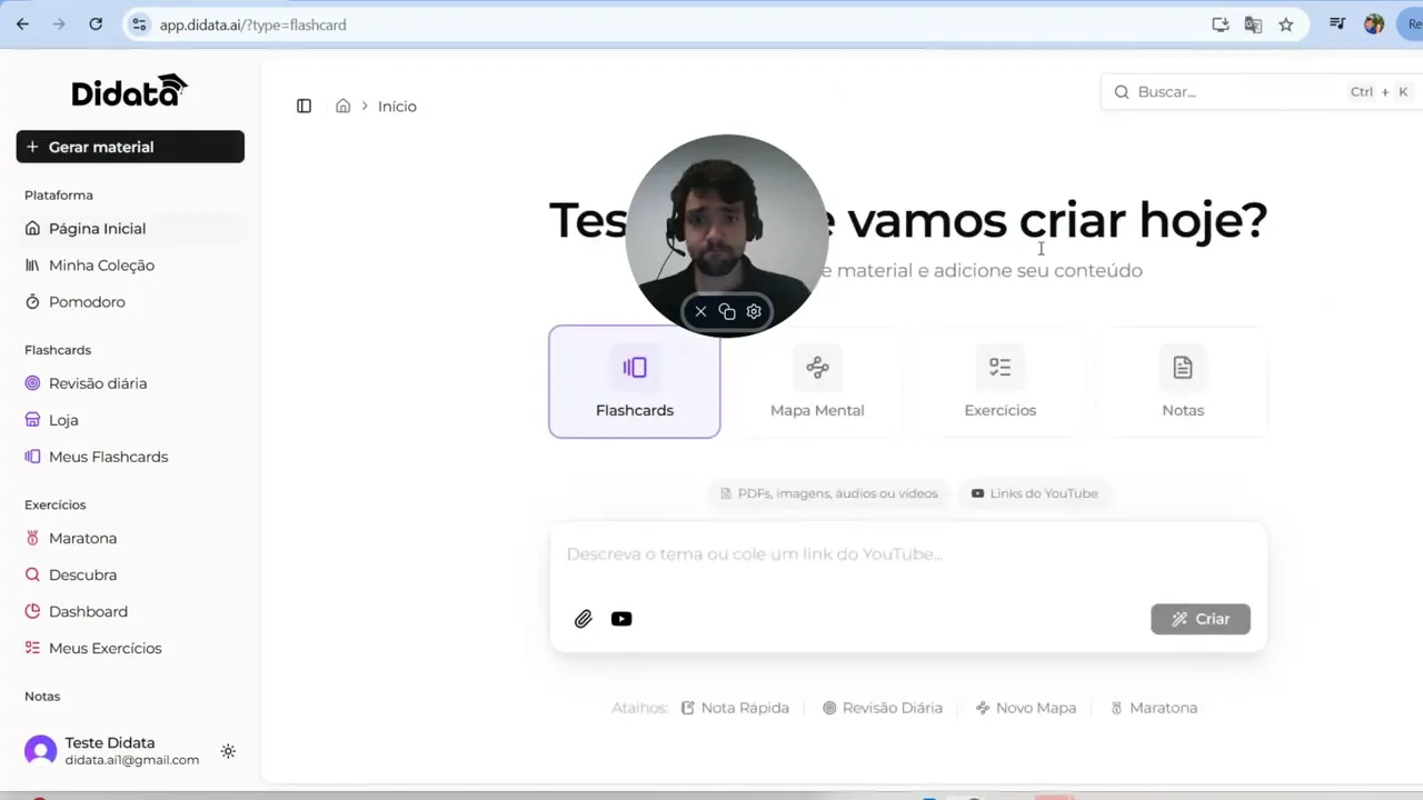 Dashboard da Didata mostrando 'Gerar material' e a opção 'Flashcards' selecionada junto ao menu lateral.