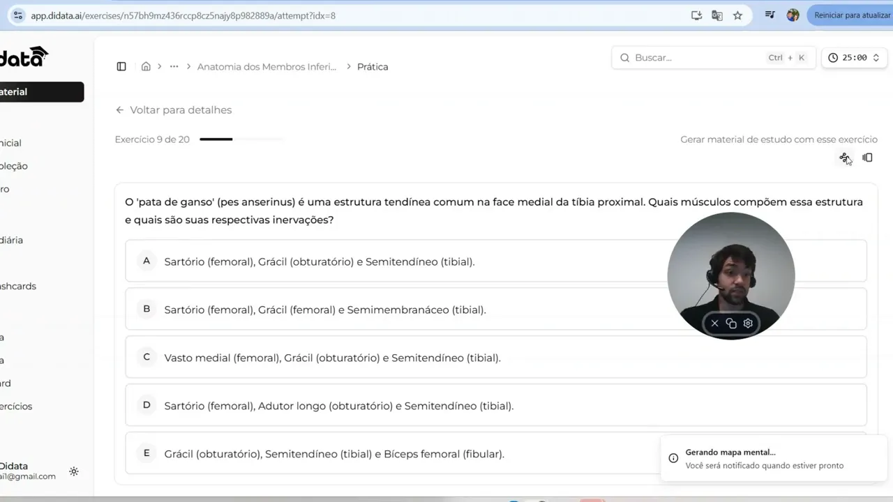 Notificação 'Gerando mapa mental' na interface do simulado, mostrando que o sistema está criando material de estudo automaticamente.
