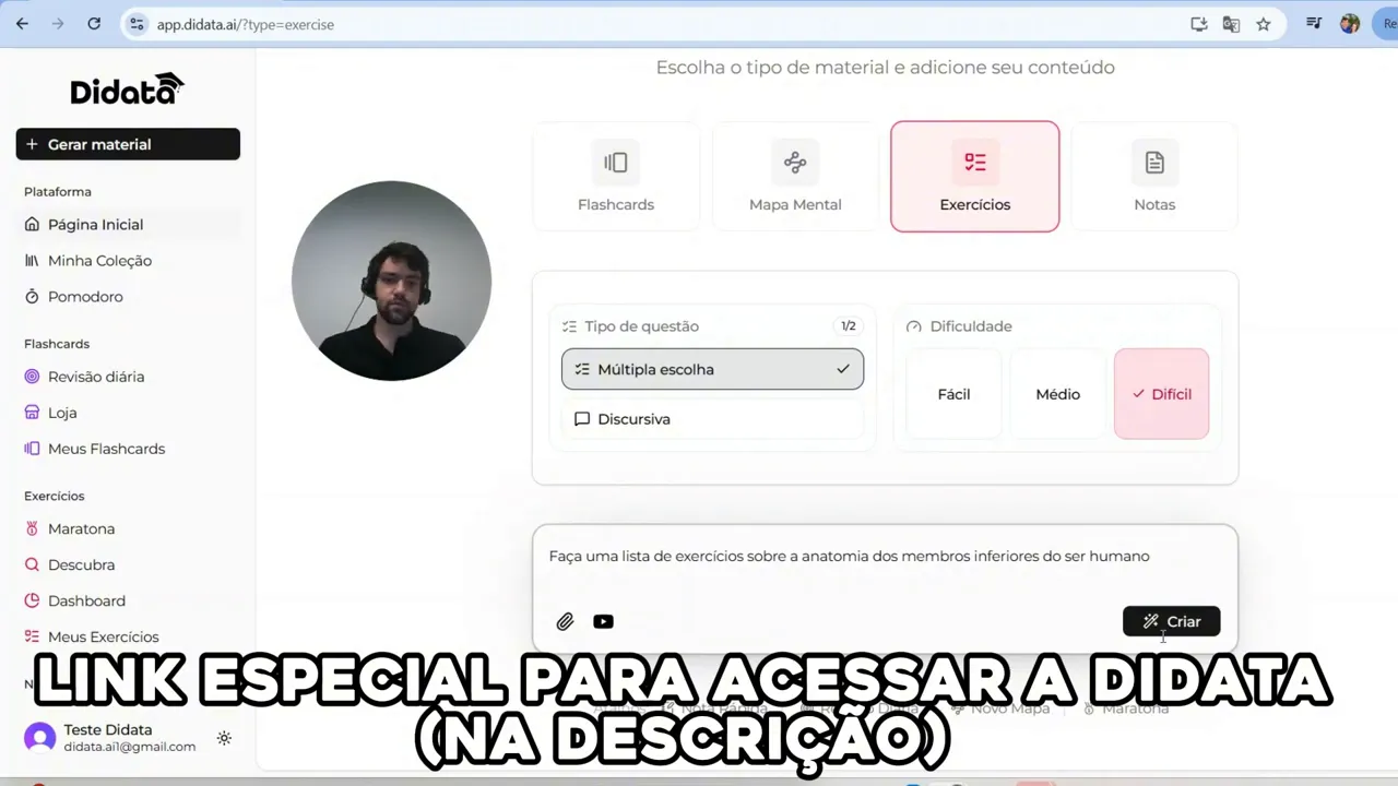 Tela do app mostrando guia Exercicios, opção múltipla escolha selecionada e dificuldade 'Difícil', com campo de texto