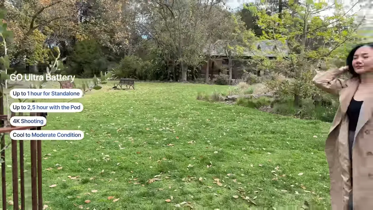 Outdoor clip with on-screen 'GO Ultra Battery' overlay listing up to 1 hour standalone and up to 2.5 hours with the pod