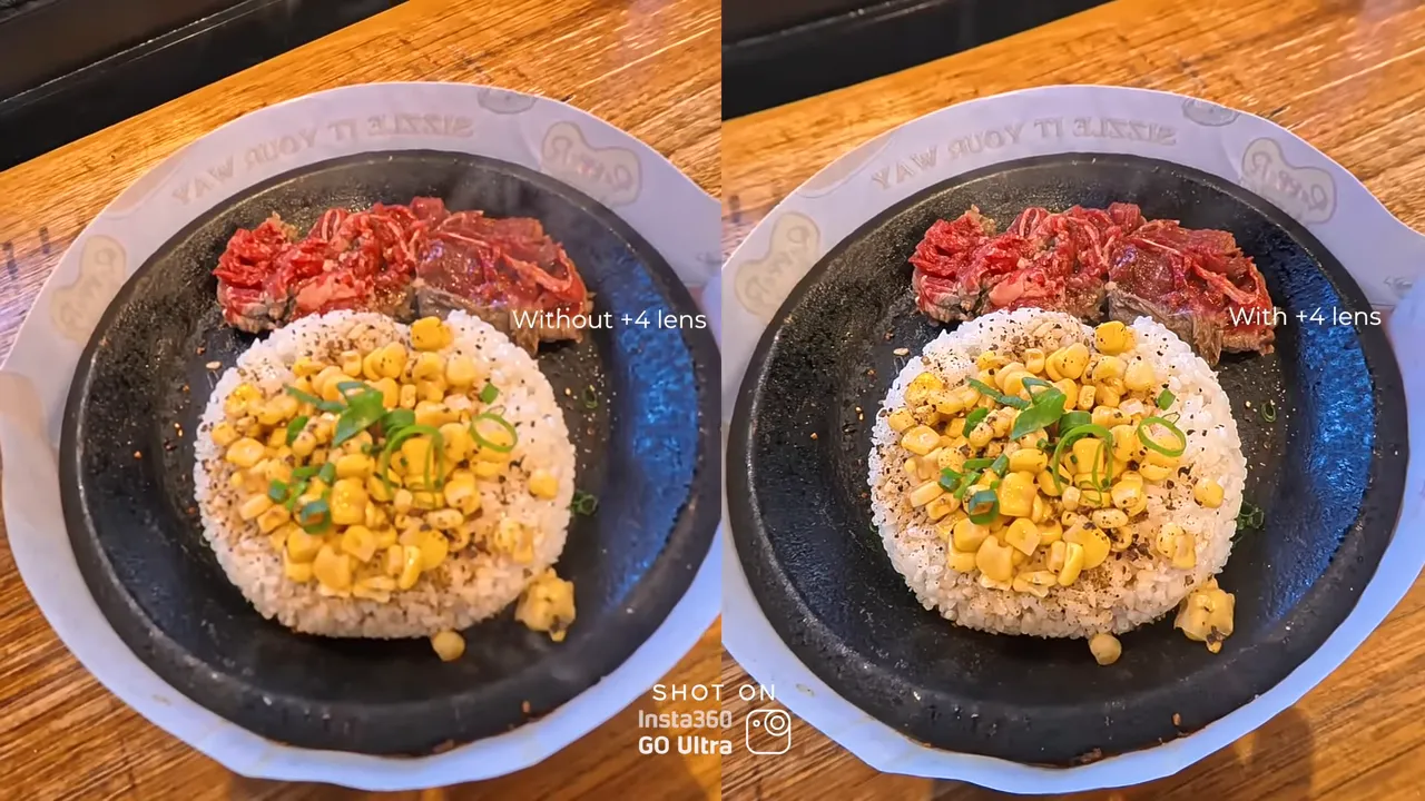 Side-by-side comparison of a plated food shot without and with a +4 macro lens showing improved close-up detail.
