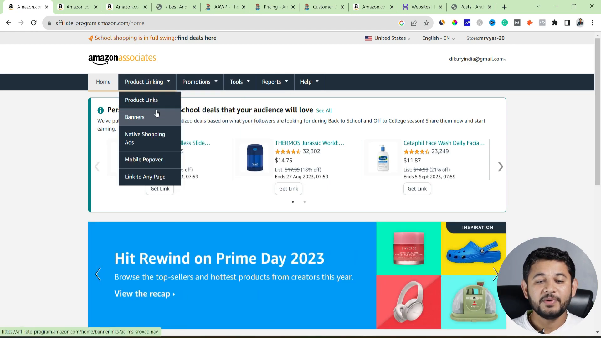 Amazon affiliate dashboard showing product link options