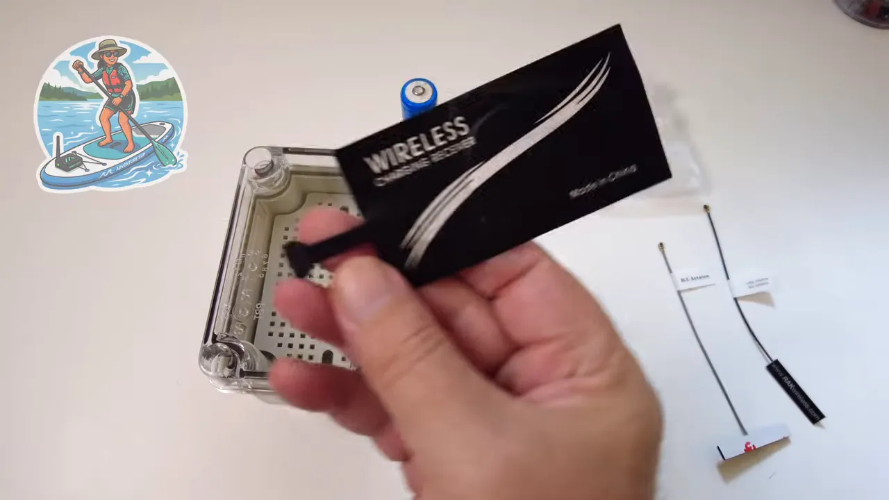 Wireless charging receiver held above the waterproof enclosure and electronics parts