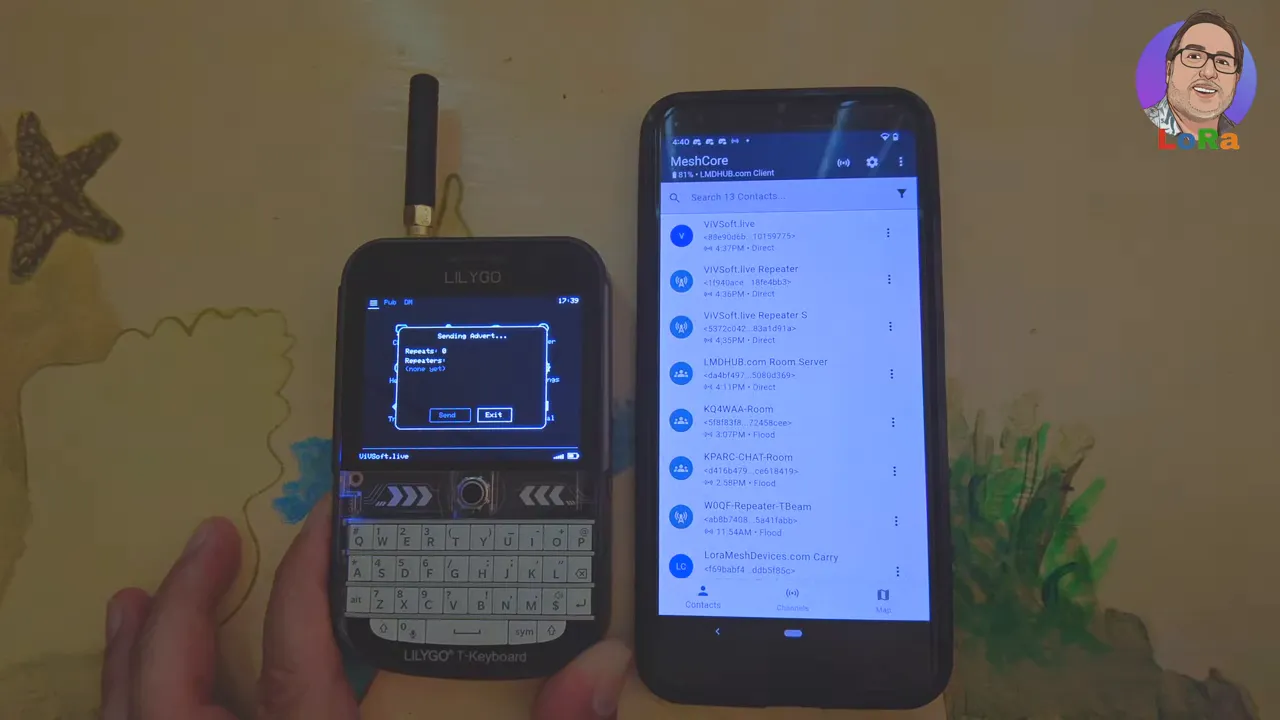 LilyGo T‑Deck displaying a 'Sending Advert...' dialog next to a smartphone showing the MeshCore contacts list.
