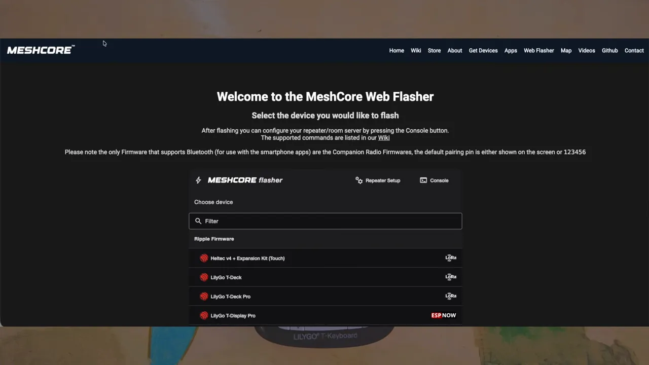 MeshCore web flasher showing 'Welcome to the MeshCore Web Flasher' header and LilyGo T‑Deck in the device list.