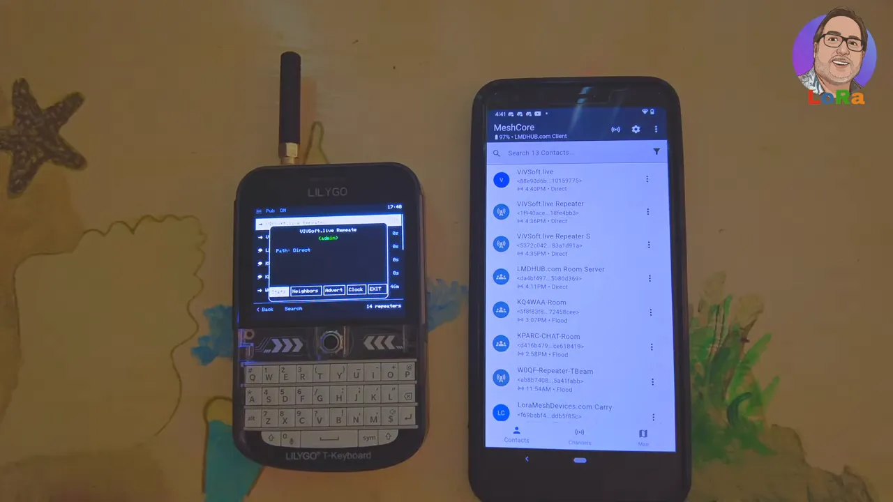 LilyGo T‑Deck showing a repeater management dialog with options Neighbors Advert Clock EXIT, placed next to an Android phone displaying MeshCore contact list — clear and unobstructed.