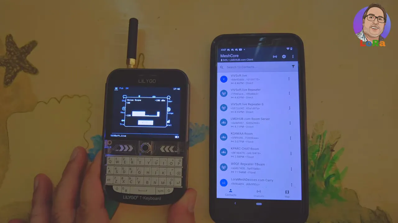 Clear shot of a LilyGo T‑Deck displaying the Noise Scope graph and an Android phone showing the MeshCore contacts list; minimal hand obstruction.