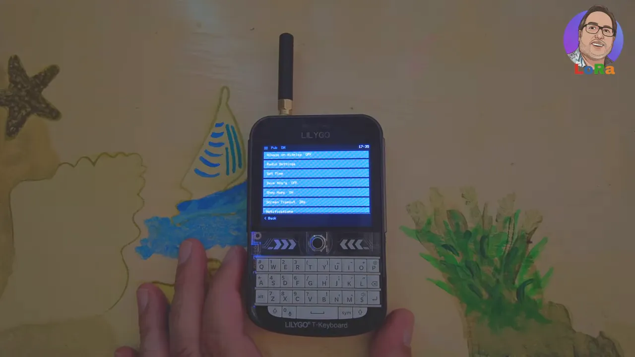 MeshOS settings screen on LilyGo T-Deck showing 'Set Time' and related options