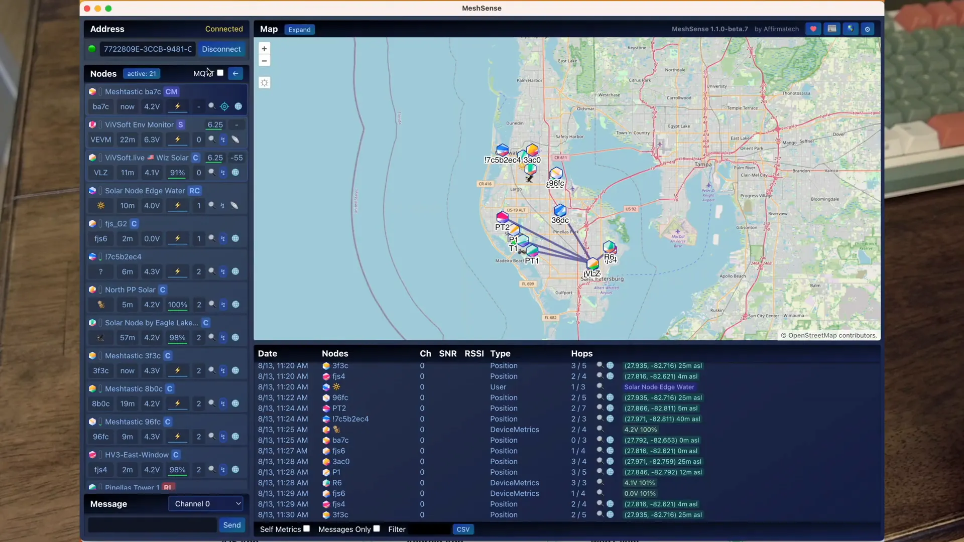 MeshSense web interface showing local nodes and connections