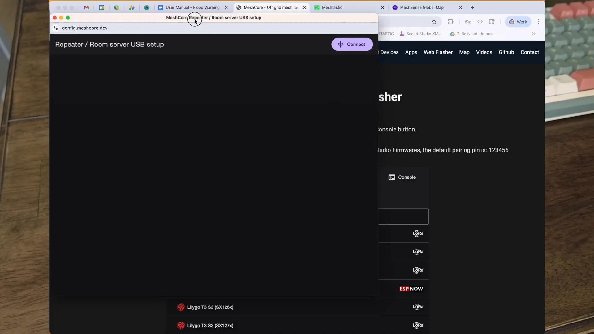 MeshCore WebFlasher repeater setup screen connected to the MeshCore node
