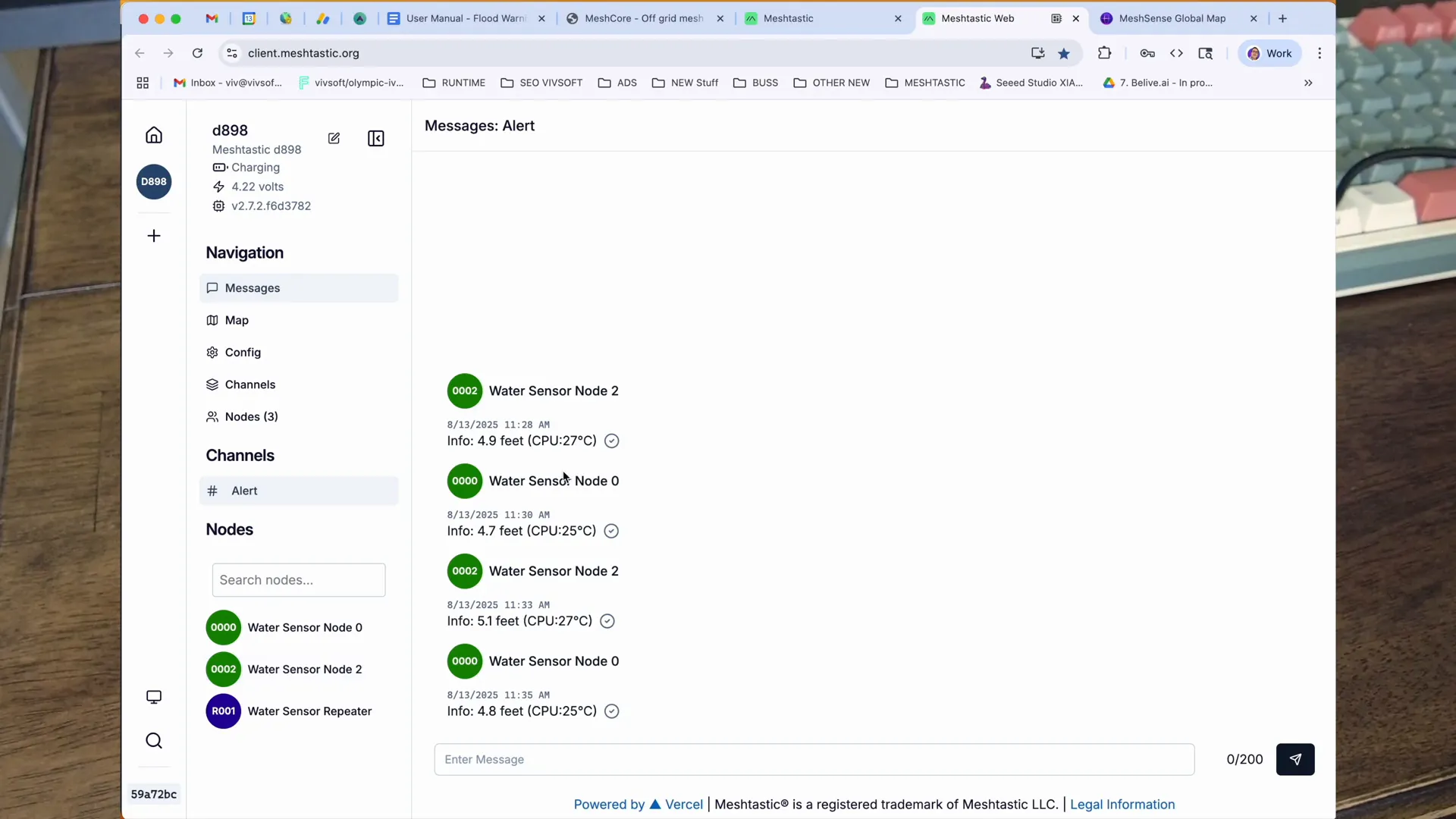 Web client showing water sensor readings and node statuses