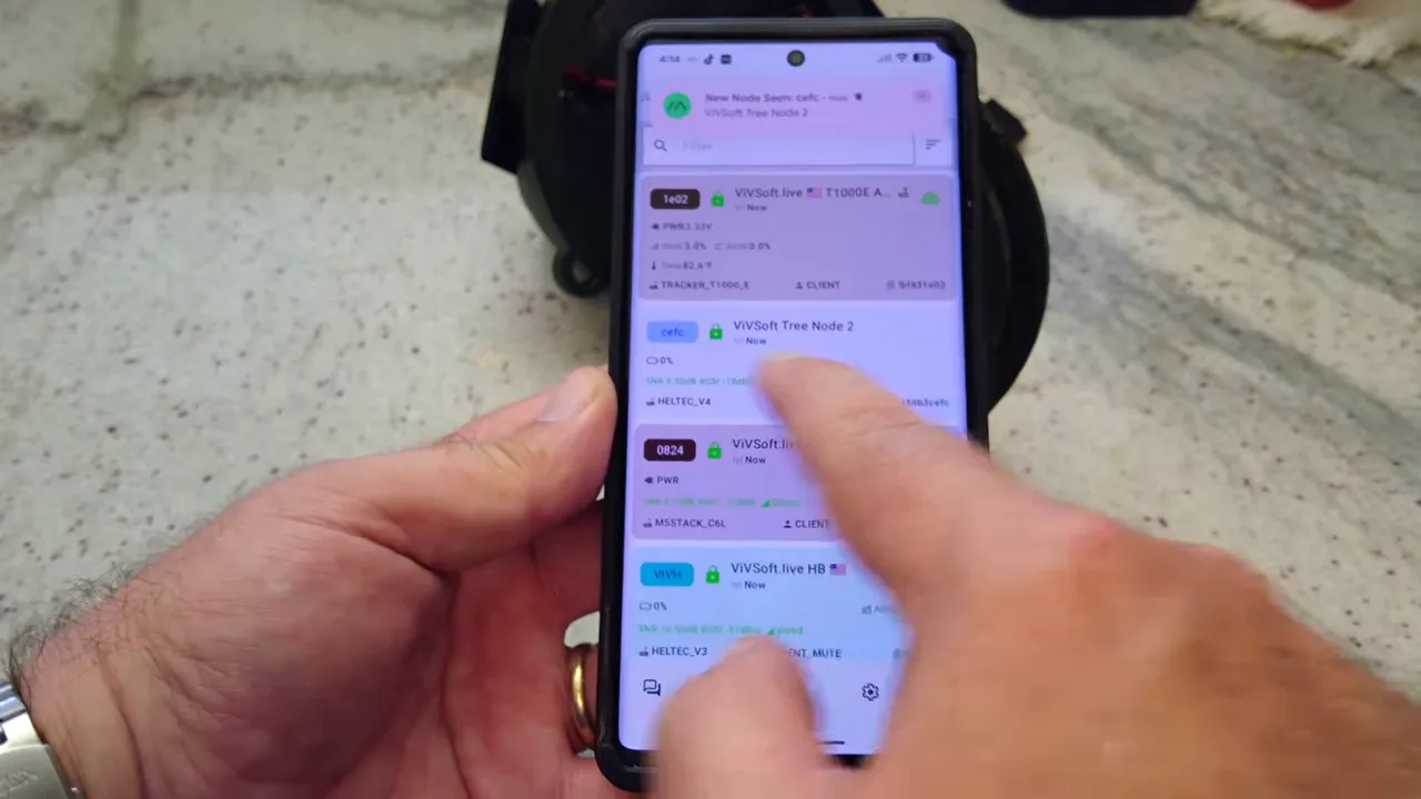Meshtastic app node list with the remote node visible after reboot