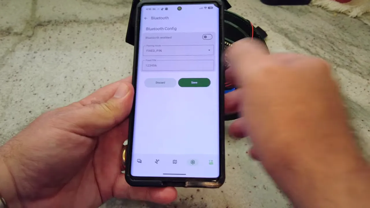 Meshtastic app Bluetooth configuration screen with Bluetooth disabled toggle and save button