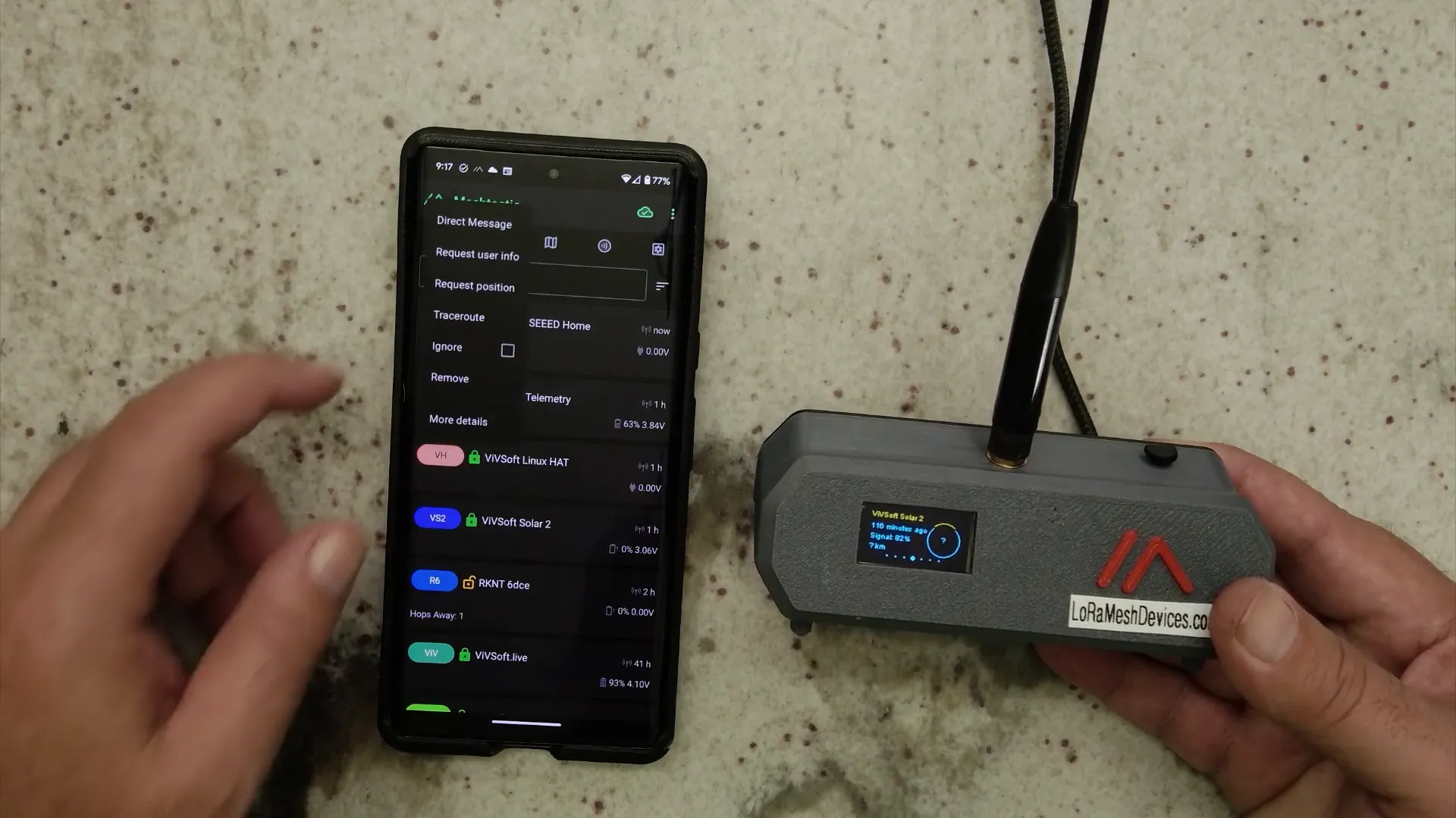 Mobile app interface showing connected nodes