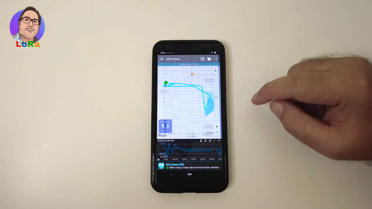Phone screen showing GPX viewer with map track and elevation chart panel