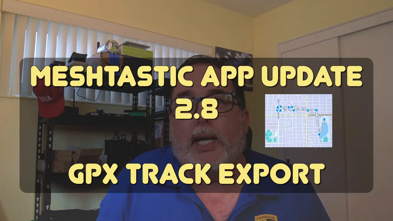 Title card reading Meshtastic app update 2.8 GPX track export