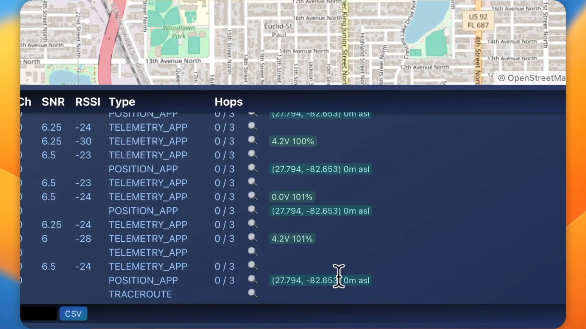 Telemetry data displayed on MeshSense
